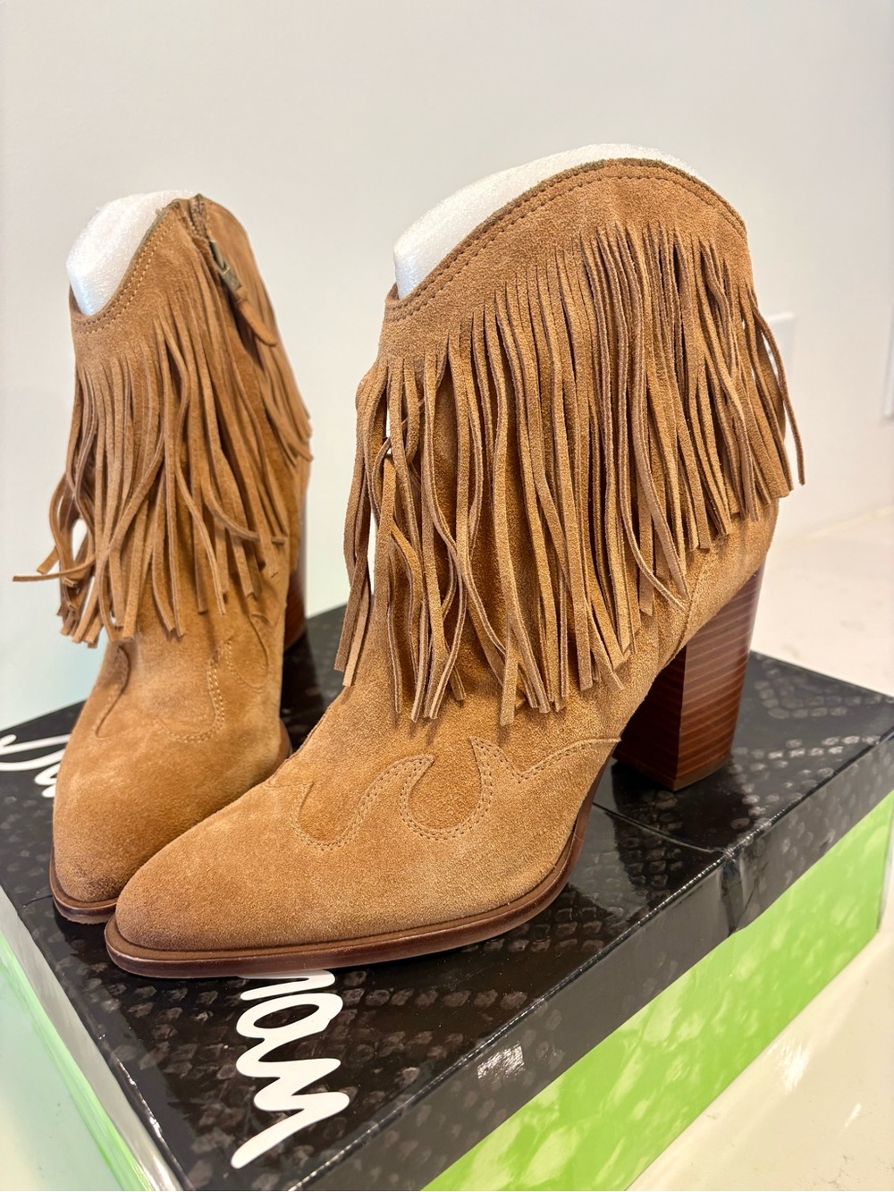 Sam Edelman Benjie Fringe Suede Ankle Boots in Tan